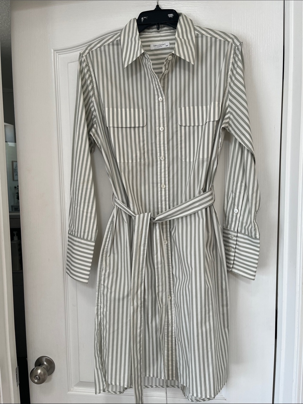Equipment Striped Long Sleeve Shirt Dress in light green and White, M